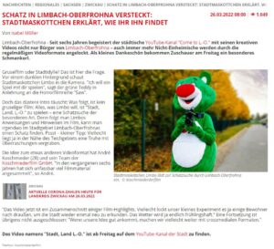 Zeitungsartikel über den interaktiven Imagefilm für die Stadt Limbach-Oberfrohna. Maskottchen Limbo hält eine Kamera in der Hand.